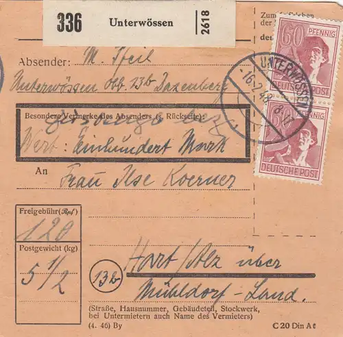 Carte de paquet 1948: Sous-sol pour Hart via Mühldorf, carte de valeur