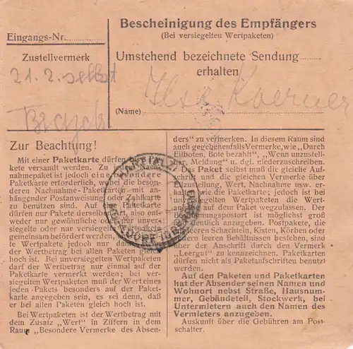 Carte de paquet 1948: Sous-sol pour Hart via Mühldorf, carte de valeur