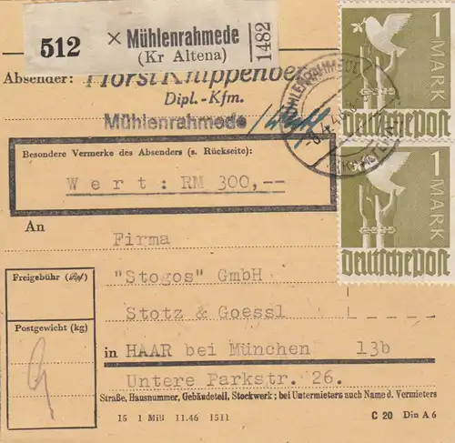 Paketkarte 1948: Mühlenrahmede nach Haar, Wertkarte, Stogos GmbH