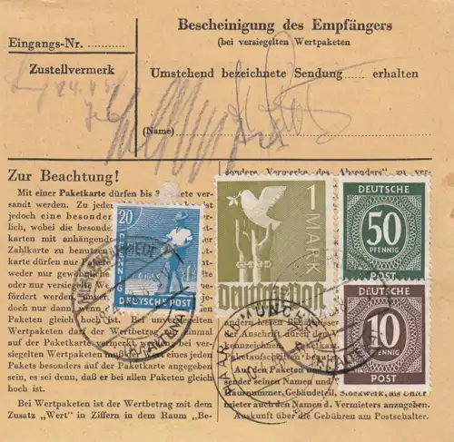 Paketkarte 1948: Mühlenrahmede nach Haar, Wertkarte, Stogos GmbH