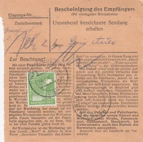 Paketkarte 1948: Weißenstadt nach Haar, Wertkarte
