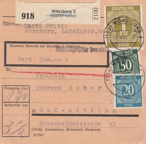 Carte de paquet 1946: Würzburg après Bad-Aibling, Auto-bookeur, carte de valeur