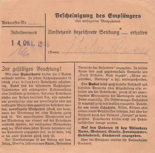Carte de paquet 1946: Würzburg après Bad-Aibling, Auto-bookeur, carte de valeur