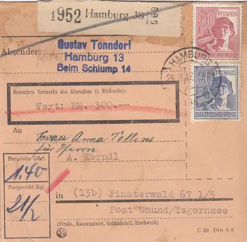 Carte de paquet 1947: Hambourg vers Finsterwald, carte de valeur