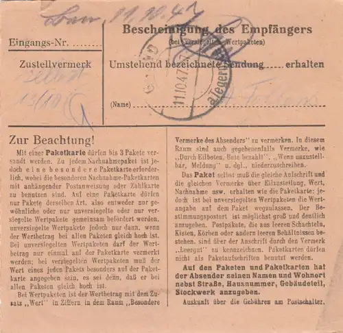 Carte de paquet 1947: Hambourg vers Finsterwald, carte de valeur