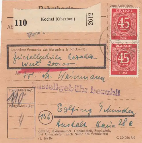 Carte de paquet 1947: Kochel d'après Eglfing, carte de valeur