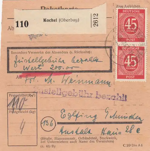 Paketkarte 1947: Kochel nach Eglfing, Wertkarte