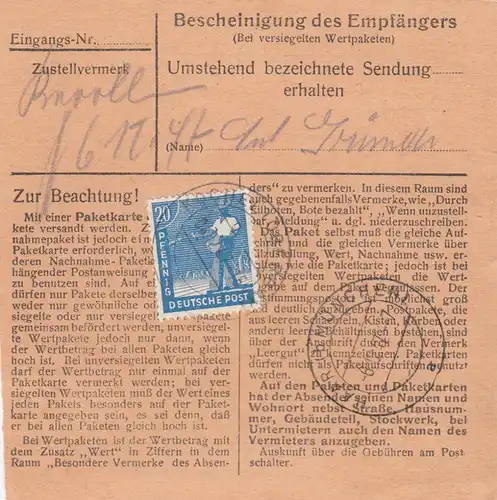 Paketkarte 1947: Kochel nach Eglfing, Wertkarte