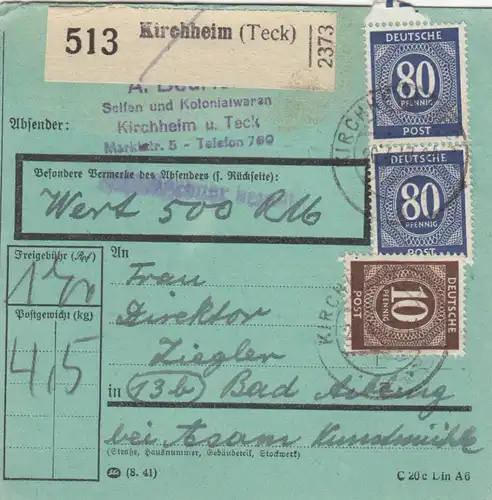 Carte de paquet 1947: Kirchheim n. Bad Aibling, carte de valeur, formulaire spécial