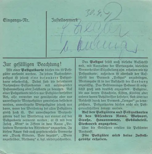 Carte de paquet 1947: Kirchheim n. Bad Aibling, carte de valeur, formulaire spécial