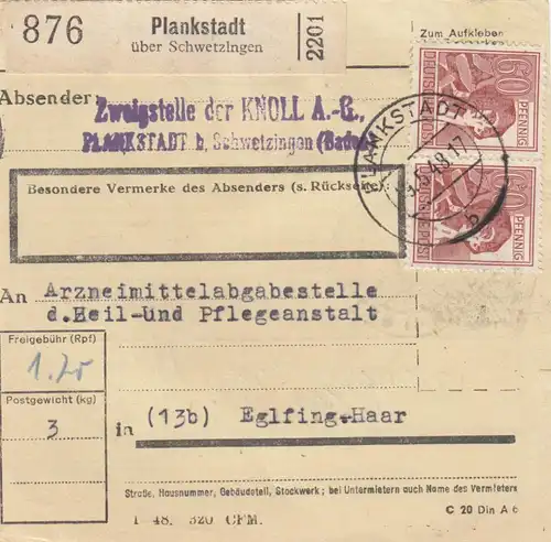 Carte de paquet 1948: Plankstadt via Schwetzingen après Eglfing, médicament