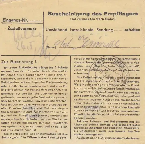 Paketkarte 1948: Plankstadt über Schwetzingen nach Eglfing, Arzneimittel