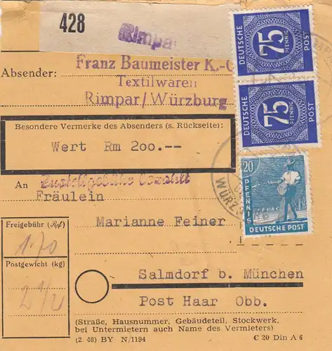 Carte de paquet 1948: Rimpar Würzburg vers Salmdorf, carte de valeur
