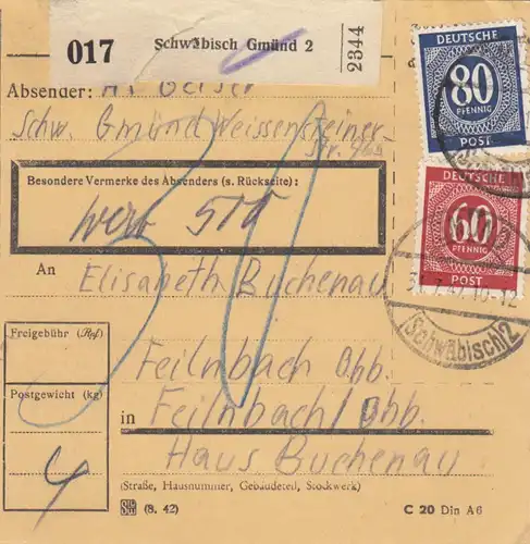 Carte paquet 1947: Schwäbisch Gmünd après Feilnbach, carte de valeur, frais supplémentaires