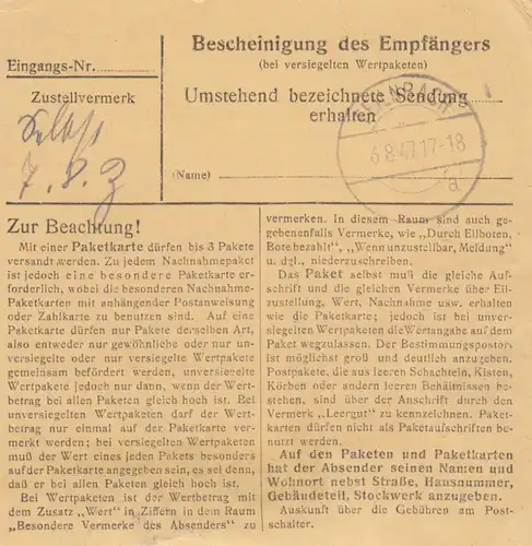 Carte paquet 1947: Schwäbisch Gmünd après Feilnbach, carte de valeur, frais supplémentaires
