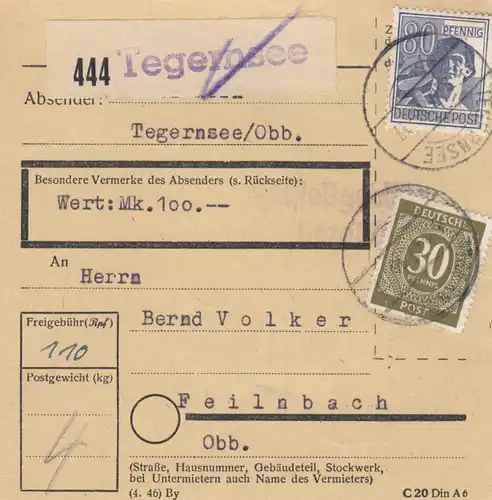 Carte de paquet 1947: Tegernsee vers Feilnbach, carte de valeur
