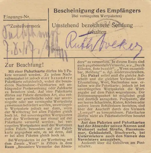 Carte de paquet 1947: Tegernsee vers Feilnbach, carte de valeur