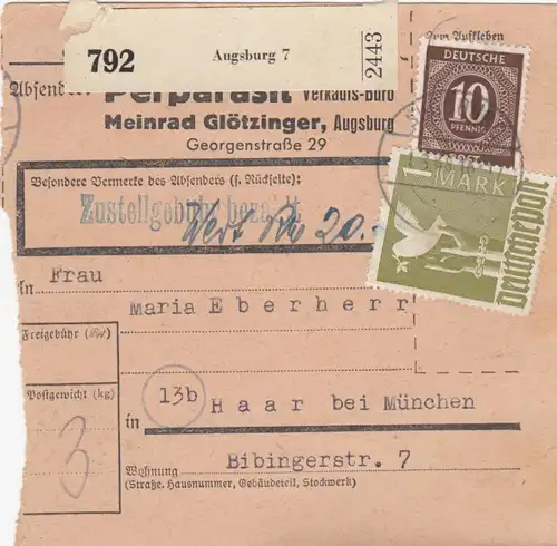 Carte de paquet 1948: Augsbourg, Auto-bookeur, Carte