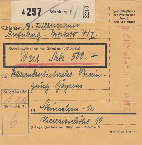 Carte de paquet 1948: Nuremberg vers Munich, carte de valeur