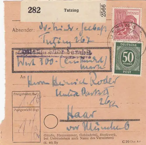 Paketkarte 1947: Tutzing nach Haar vor München, Wertkarte