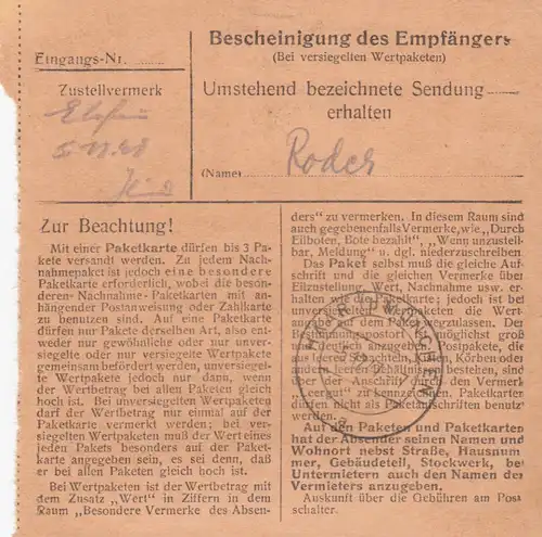 Paketkarte 1947: Tutzing nach Haar vor München, Wertkarte