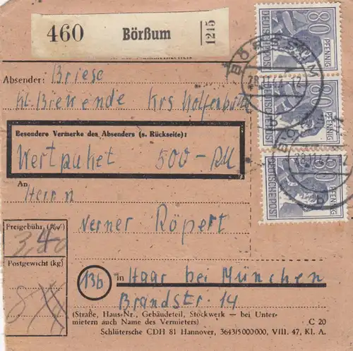 Carte de paquet 1947: Börshum Kreis Wolfenbüttel par cheveux, carte de valeur