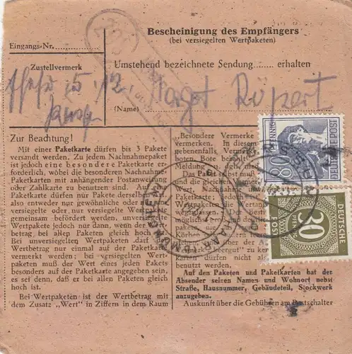 Paketkarte 1947: Börßum Kreis Wolfenbüttel nach Haar, Wertkarte