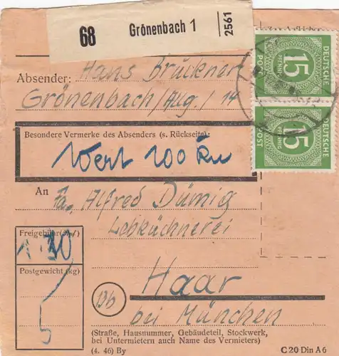 Paketkarte 1947: Grönenbach 1 nach Haar, Wertkarte