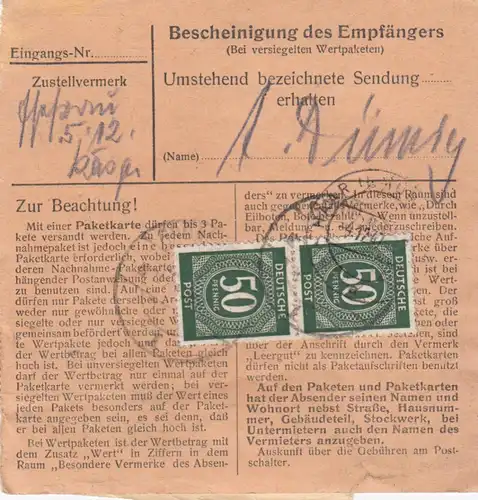 Carte de paquet 1947: Grönenbach 1 par cheveux, carte de valeur