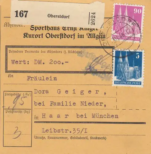 BiZone Paketkarte 1948: Sporthaus Oberstdorf n. Haar, Wertkarte, Selbstbucher