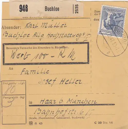Carte de paquet 1947: Buchloe par cheveux, carte de valeur