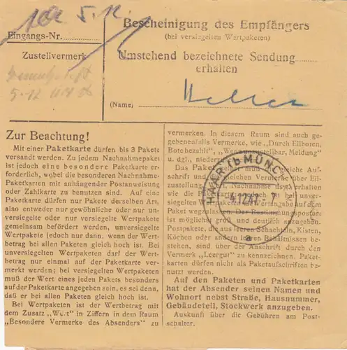 Carte de paquet 1947: Buchloe par cheveux, carte de valeur