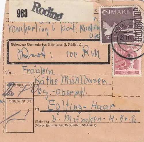 Paketkarte 1947: Roding Wacherling nach Eglfing, Wertkarte