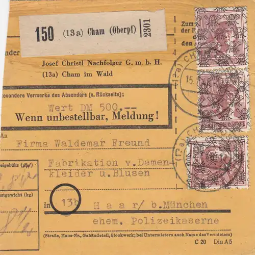 BiZone Paketkarte 1948: Cham nach Haar, Selbstbucher, Wertkarte