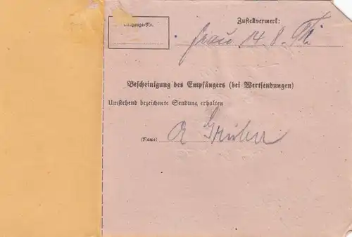 BiZone Carte de paquet 1948: Au Hallertau à Ottobrunn, avec package d'urgence collé.
