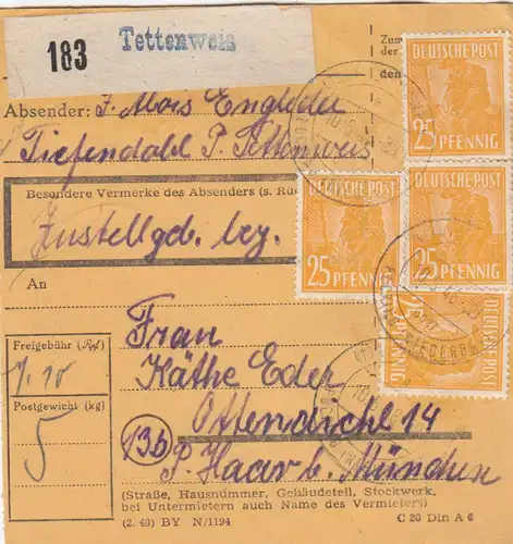 Paketkarte 1948: Tiefendobl Tettenweis nach Ottendichl