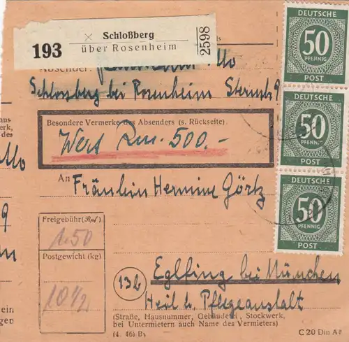 Paketkarte 1947: Schlossberg bei Rosenheim n. Eglfing, Wertkarte