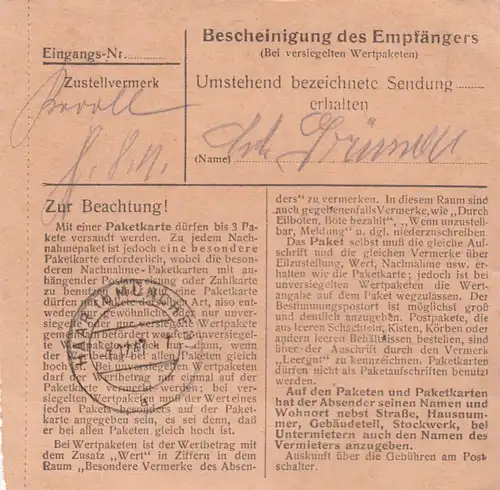 Paketkarte 1947: Schlossberg bei Rosenheim n. Eglfing, Wertkarte