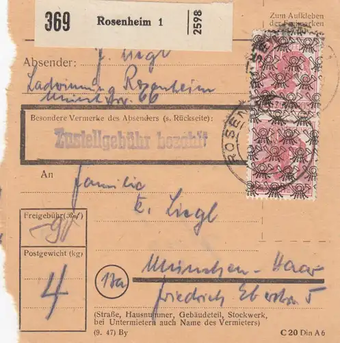 BiZone Paketkarte 1948: Rosenheim 1 nach München-Haar