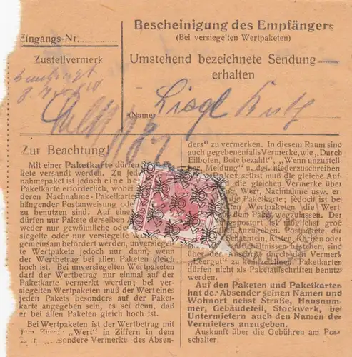 BiZone Paketkarte 1948: Rosenheim 1 nach München-Haar