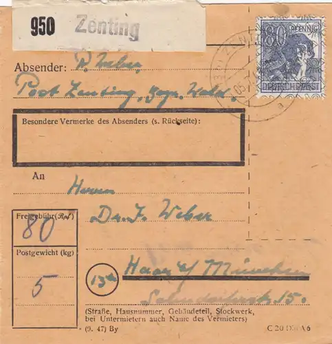 Paketkarte 1948: Zenting nach Haar in München