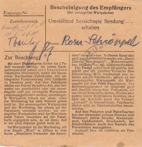 Carte de paquet 1948: Zenting après Haar à Munich