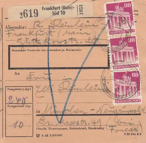 BiZone Paketkarte 1948: Frankfurt Süd nach Neugrünwald