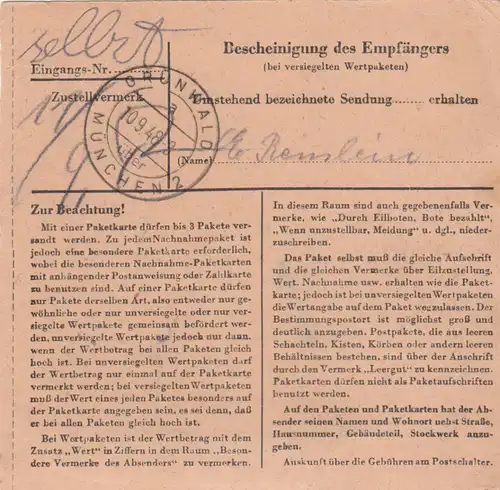 Carte de paquet BiZone 1948: Francfort Sud vers Neu vertwald