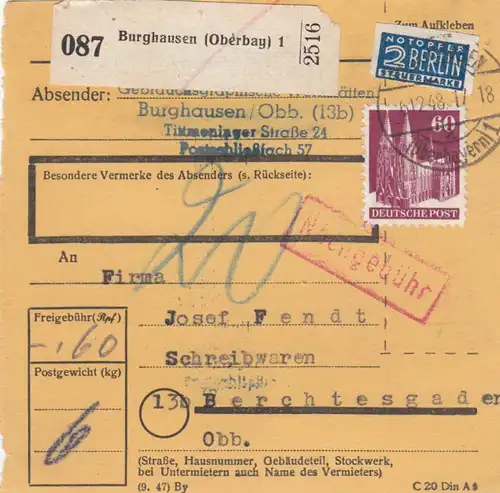 Carte de paquet BiZone 1948: Burghausen à Berchtesgaden, supplément, victime d'urgence