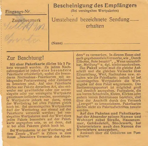 BiZone Paketkarte 1948: Burghausen nach Berchtesgaden, Nachgebühr, Notopfer