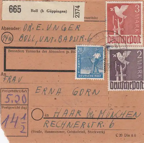 Carte de paquet 1948: Boll à Göppingen par cheveux