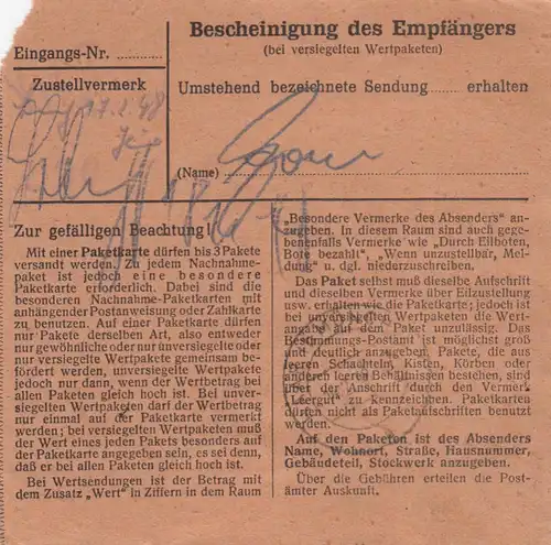 Carte de paquet 1948: Boll à Göppingen par cheveux