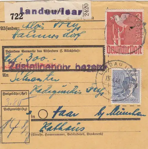 Paketkarte 1948: Haunersdorf Landau nach Haar, Wertkarte