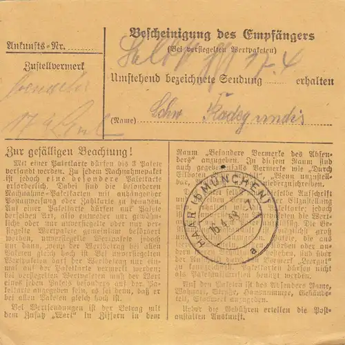 Paketkarte 1948: Haunersdorf Landau nach Haar, Wertkarte
